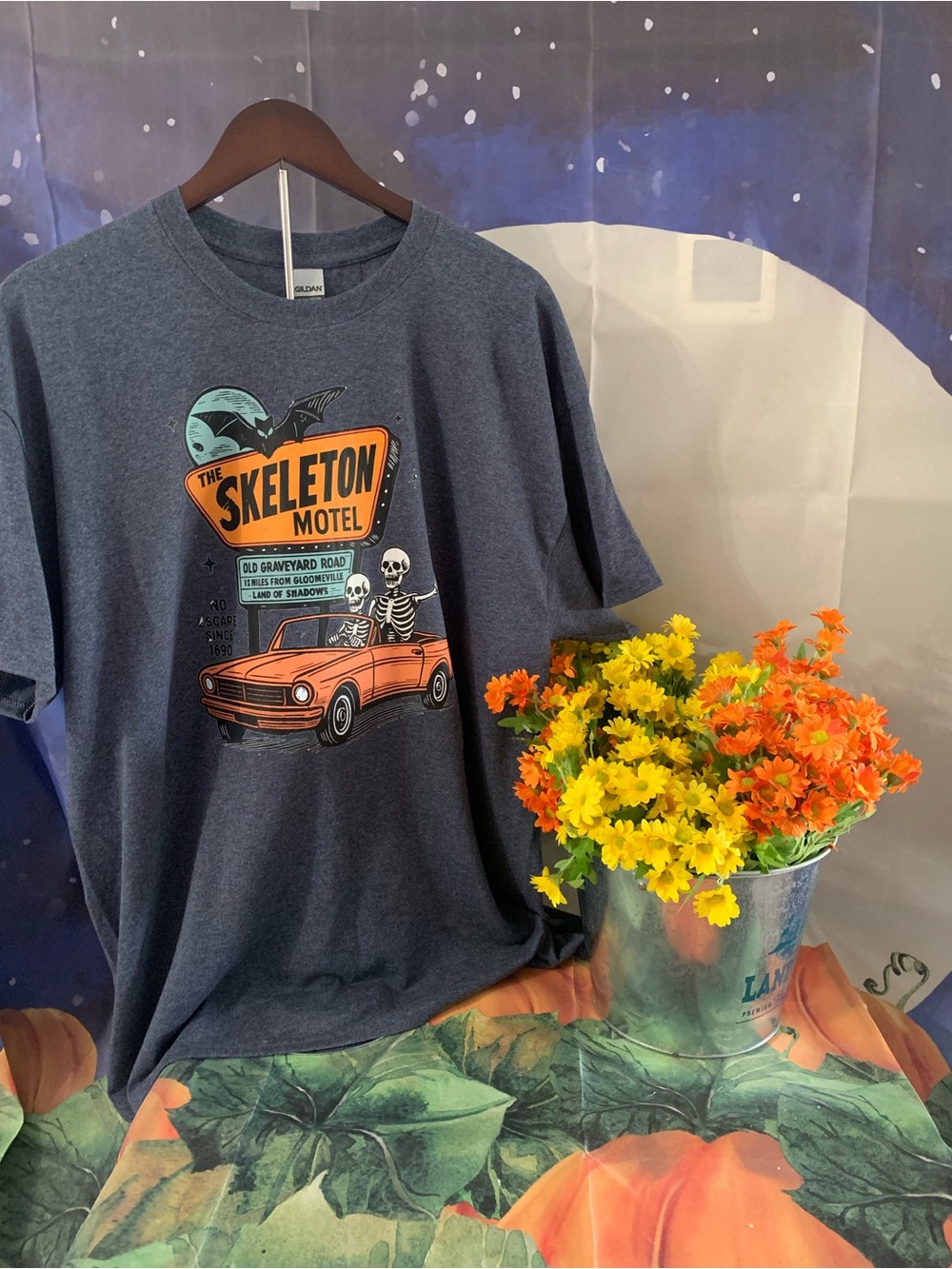 Unbranded Heather Navy 'Skeleton Motel' Graphic Tee